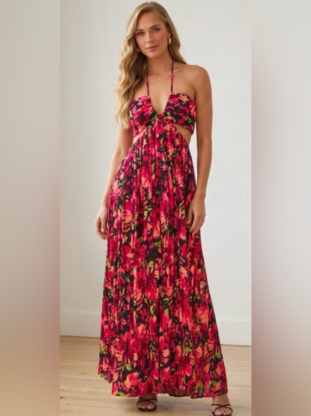 Vici Red Floral Cutout Halter Maxi Dress - Picture 1 of 7